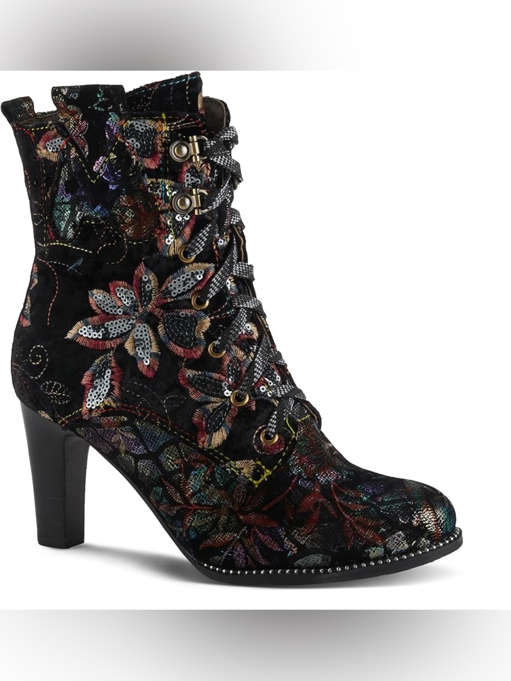 NWT Black Floral Sequin Lace-Up Ankle Boots